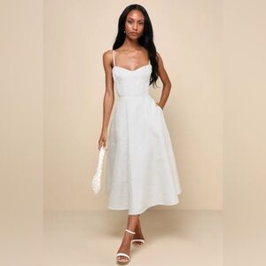 Lulus Meet for Tea White Jacquard Bustier Midi Dress w/ Pockets
